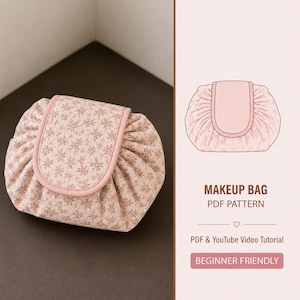 Patroon make-uptas met trekkoord pdf, naaipatroon voor beginners, zelfstudie make-uptasje voor reizen, make-uptasje zonder ritssluiting, eenvoudig naaicadeau
