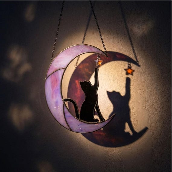 Stained Glass Moon Cat Suncatcher, Celestial Window Hanging, Purple Marble Glass Art