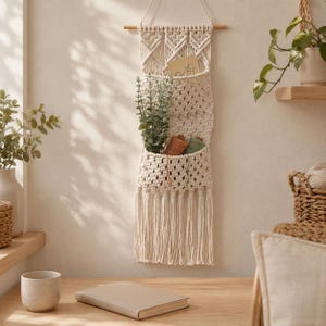 Op de afbeelding: Een crèmekleurige macramé wandhanger met twee open zakken die aan een houten stok hangen. Het geweven textiel heeft een decoratief knooppatroon aan de bovenkant en lange franjes aan de onderkant. De zakken bevatten een kleine plant en spoelen.