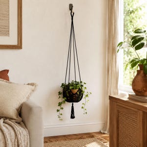 May include: A black macrame plant hanger suspended from a wall hook, featuring a woven cord design that holds a small terracotta pot containing a trailing green ivy plant, finished with a decorative tassel hanging from the bottom centre.