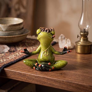 Pode incluir: Uma estatueta de sapo de cerâmica verde em posição de meditação sentada com os olhos fechados. O sapo tem cabelo castanho texturizado, um pequeno objeto castanho na boca e usa um colar dourado com o símbolo da paz.