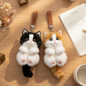 May include: Two plush cat keyrings. One is black and white, the other is ginger and white. Both have brown leather straps and silver keyrings. The cats have pink paw pads and are lying on their backs.