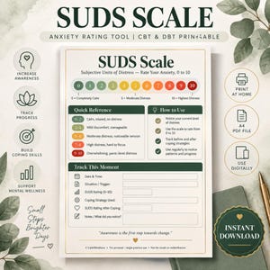 May include: A printable SUDS Scale anxiety rating tool featuring a colour-coded 0 to 10 distress scale, a quick reference guide for anxiety levels, and a tracking section for date, situation, trigger, coping strategies, and notes on mental wellness.