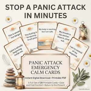 以下が含まれることがあります： パニック発作緊急時用、印刷可能な落ち着きカードのセット。カードには、夕日、石、ヒナギクの落ち着いたフレーズと画像が使用されています。カードのテキストには、「これは危険ではなく不安です」や「私の呼吸は私の錨です」などのフレーズが含まれています。