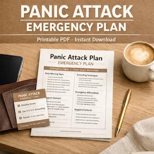 May include: A printed "Panic Attack Emergency Plan" with a matching card, a cup of coffee, and a gold pen on a wooden surface. The plan includes sections on early warning signs, grounding techniques, and emergency affirmations.
