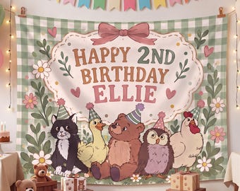 May include: A rectangular fabric backdrop featuring a green and white gingham pattern, a central cream-colored sign with a pink bow, and the text "HAPPY 2ND BIRTHDAY ELLIE". Below the text are illustrations of a cat, duck, bear, owl, and chicken.