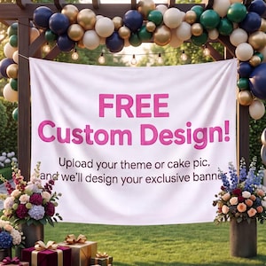 May include: A white rectangular banner with the pink text FREE Custom Design! and black text Upload your theme or cake pic, and we’ll design your exclusive banner. The banner is hung on a wooden pergola decorated with navy, gold, and green balloons.