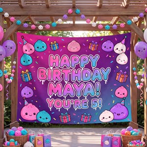 Custom Neon Sensory Toy Birthday Backdrop, Colorful Squishy Bday Banner, Glow Party Dessert Table Tapestry