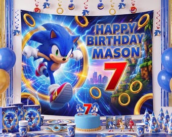 Custom Fast Blue Hedgehog Birthday Backdrop, Level Up Gamer Party Banner, Retro Video Game Bday Tapestry