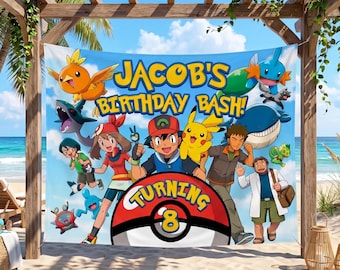 May include: A blue banner with the text "JACOB'S BIRTHDAY BASH!" and "TURNING 8" featuring cartoon characters. The banner is displayed on a beach with a wooden pergola and palm trees.