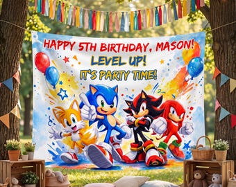Personalized Sonic Birthday Backdrop, Custom Gamer Party Banner, Level Up Boys Photo Booth Tapestry Decor with Hanging Kit