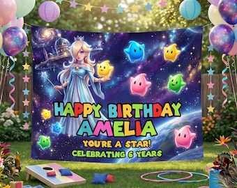 Custom Galaxy Princess Birthday Backdrop | Mario Tapestry | Personalized Luma Wall Banner | Video Game Party Decor Sign With Hooks