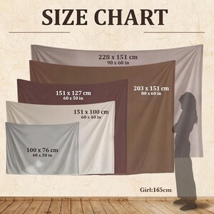 May include: A size chart for rectangular wall tapestries featuring five distinct sizes labelled with dimensions in both centimetres and inches. The chart includes measurements of 100x76 cm, 151x100 cm, 151x127 cm, 203x151 cm, and 228x151 cm, alongside a silhouette of a person measuring 165 cm for scale.