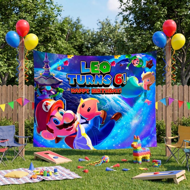 May include: A rectangular birthday banner featuring Mario, Luigi, and Rosalina in a space-themed background with the text 'LEO TURNS 6! HAPPY BIRTHDAY'. The banner is displayed between two wooden posts decorated with red, yellow, and blue balloons.