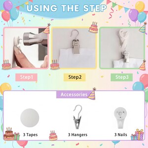 May include: A three-step instructional graphic for wall mounting hardware. Step 1 shows a hammer hitting a nail hook. Step 2 shows a metal clip hanger attached to fabric. Step 3 shows the clip hanging from the hook. Accessories include 3 tapes, 3 hangers, and 3 nails.