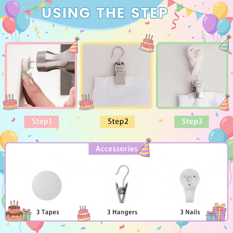 May include: A three-step instructional graphic for wall mounting hardware. Step 1 shows a hammer hitting a nail hook. Step 2 shows a metal clip hanger attached to fabric. Step 3 shows the clip hanging from the hook. Accessories include 3 tapes, 3 hangers, and 3 nails.
