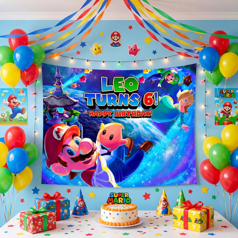 May include: A Super Mario themed birthday party backdrop featuring the text 'LEO TURNS 6! HAPPY BIRTHDAY' with Mario and space characters, surrounded by colourful balloons, streamers, party hats, and two gift boxes on a table.
