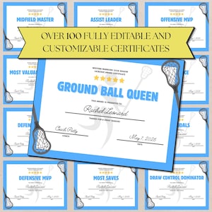Puede incluir: Una colección de certificados de premios de lacrosse azul claro con texto blanco. Los certificados presentan un gráfico de palo de lacrosse y texto como "Ground Ball Queen" y "Defensive MVP". Una pancarta dice "Más de 100 certificados totalmente editables y personalizables."