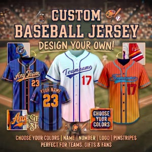 May include: Custom baseball jerseys featuring button-up fronts, short sleeves, and pinstriped patterns in blue, white, and orange. The jerseys display text including CUSTOM BASEBALL JERSEY, DESIGN YOUR OWN, CHOOSE YOUR COLORS, and Teamname.