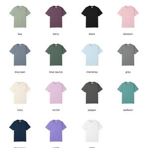 May include: A color chart displaying various short-sleeved t-shirts in different colors. The chart includes colors such as bay, berry, black, blossom, blue jean, blue spurce, chambray, grey, ivory, orchid, pepper, seafoam, true navy, violet, and white.