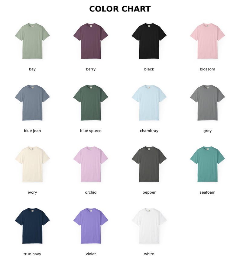 May include: A color chart displaying various short-sleeved t-shirts in different colors. The chart includes colors such as bay, berry, black, blossom, blue jean, blue spurce, chambray, grey, ivory, orchid, pepper, seafoam, true navy, violet, and white.