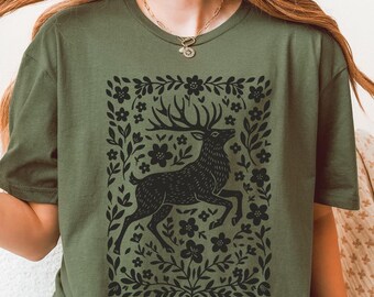 Camiseta vintage de ciervo con arte popular, camiseta floral de ciervo del bosque, camiseta con ilustración de naturaleza rústica, camiseta con gráfico de bosque estilo cottagecore