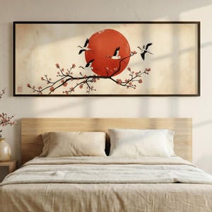 Panoramic Japanese Wall Art, Long Narrow Japandi Red Sun Poster, Wabi Sabi Crane Print, Extra Wide Above Bed Decor, Zen Minimalist Wall Art
