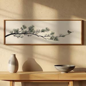 Japandi Long Narrow Wall Art, Wabi Sabi Pine Branch Panoramic Print, Above Bed Decor, Sage Green Japanese Bird Poster, Minimalist Wide Art