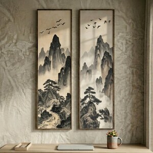 May include: Two framed vertical landscape paintings. Each features a monochrome mountain scene with trees, a path, and flying birds. The artwork has a traditional Asian aesthetic, with a muted color palette and a sense of depth.