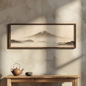 Lámina decorativa Japandi con el Monte Fuji, arte mural largo y estrecho, decoración Wabi Sabi, póster horizontal grande, paisaje japonés minimalista, para colocar encima de la cama.