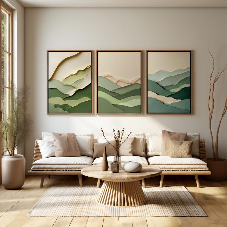 Japandi Wall Art Set of 3 - Sage Green Wabi Sabi Prints, 3D Paper Cut ...