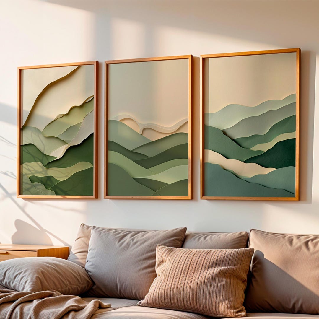Japandi Wall Art Set of 3 - Sage Green Wabi Sabi Prints, 3D Paper Cut ...