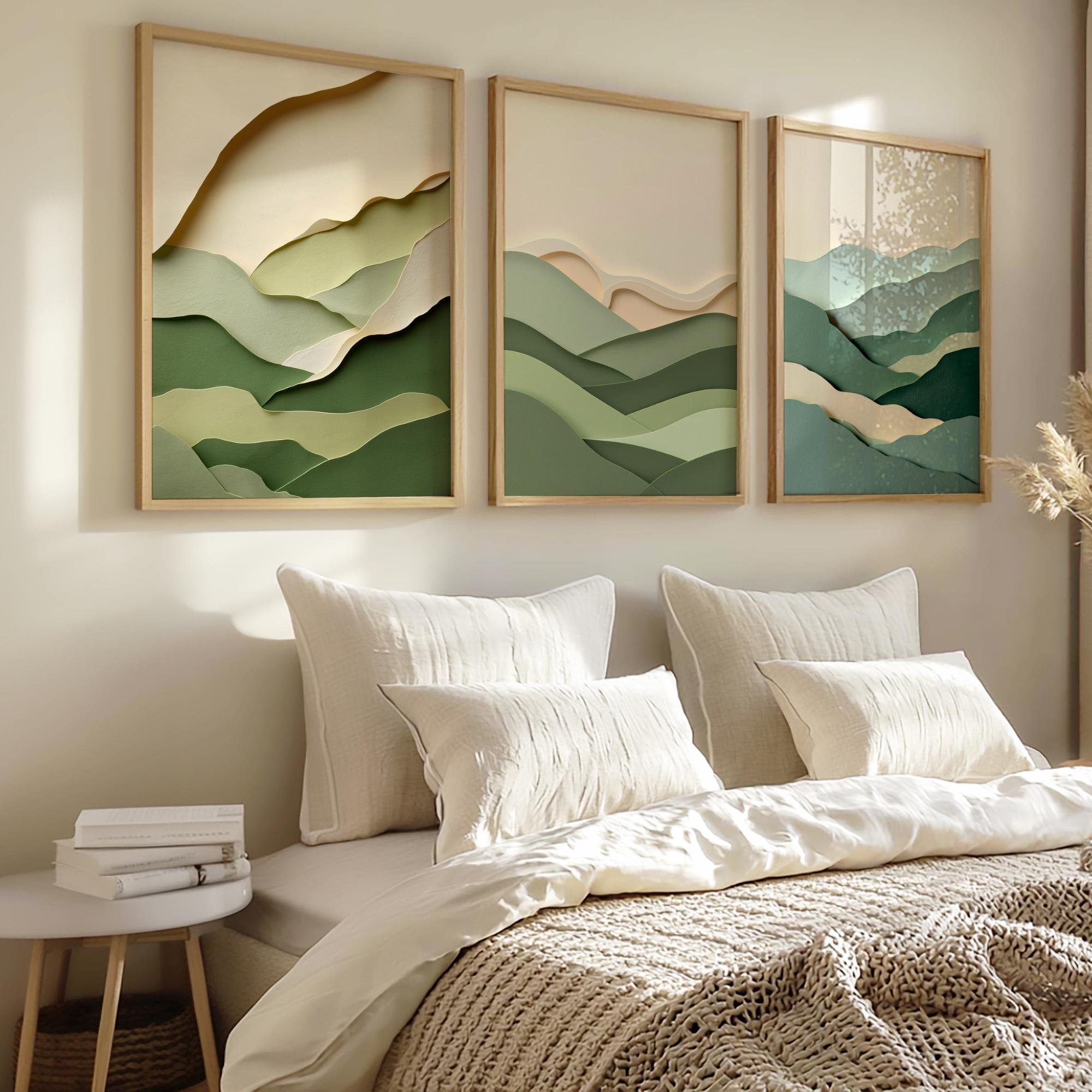 Japandi Wall Art Set of 3 - Sage Green Wabi Sabi Prints, 3D Paper Cut ...