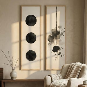 Japandi Long Narrow Wall Art Set of 2, Wabi Sabi Vertical Diptych, Minimalist Sumi-e Ink Wash Painting, Large Scale Masculine Wall Decor Art