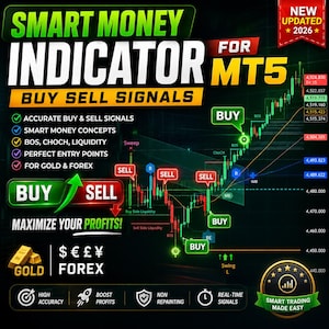 Smart Money MT5 Indicator | Forex Gold Buy Sell Signals, BOS, CHoCH, FVG
