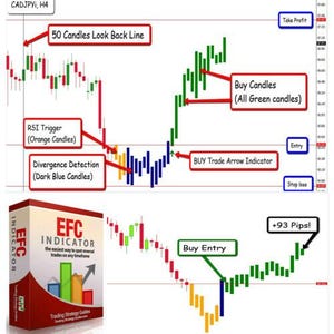 May include: A financial chart with green and red candlestick patterns, labeled with terms like "Buy Candles" and "Take Profit." A box for the "EFC INDICATOR" is also visible, with the text "the easiest way to spot reversal trades on any timeframe."