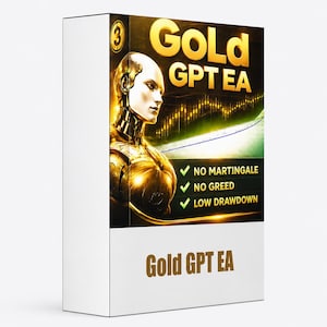 May include: A rectangular software box labeled Gold GPT EA featuring a golden robotic figure, a financial chart, and text stating No Martingale, No Greed, and Low Drawdown. The design uses a black and gold color scheme with a white base.