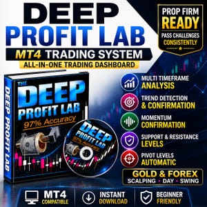 May include: A Deep Profit Lab MT4 trading system product display featuring a black book and disc with blue and white text, a 97% accuracy claim, and a list of features including multi-timeframe analysis, trend detection, and gold and forex trading.