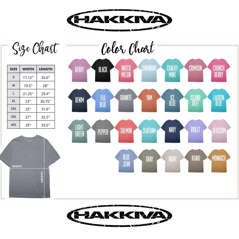 May include: A HAKKIVA size and colour chart for t-shirts. The size chart lists widths and lengths in inches for sizes S through 4XL. The colour chart displays 28 t-shirt icons in various colours, each labelled with its specific colour name.