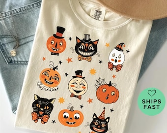 Vintage Halloween Cat Shirt, Retro Pumpkin Character Tee, Spooky Season Lover T-Shirt, Cute Vintage Graphic, Halloween Lover Gift