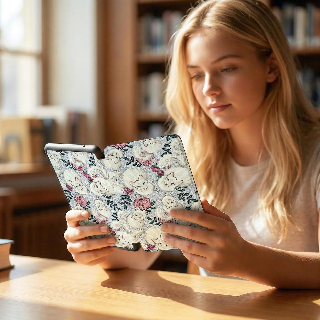 White Cat Rose Strawberry Kindle Case With Hand Strap for Paperwhite ...