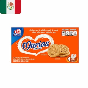 May include: An orange box of Gamesa Marias cookies. The box features the brand name in a white heart-shaped design with the text "Made with mom's authentic love." The box contains 4 packs of cookies, each with a serving size of 120 calories.