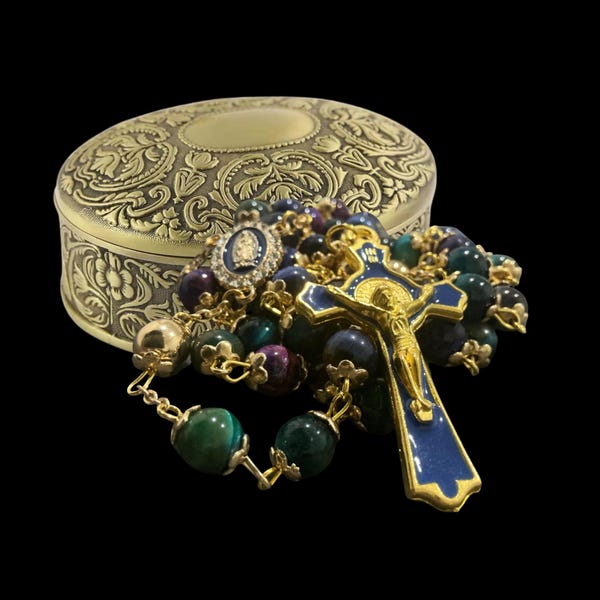 Peacock Tiger Eye Rosary – Blue Enamel Crucifix, Vintage Jewelry Box