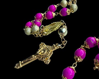 Pink Stone Single Decade Rosary, Gold Plated Catholic Prayer Beads