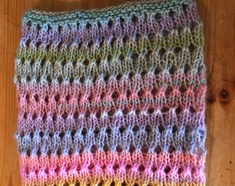 Hand knit lacy cowl, pastel cowl