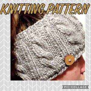 May include: A gray knitted headband with a cable knit design and a wooden button. The text "KNITTING PATTERN" is displayed at the top of the image.