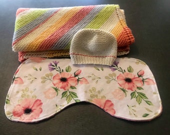 Baby gift set, baby blanket, baby hat, baby burp cloth