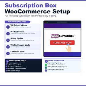 Pu&ograve; includere: Un'infografica digitale intitolata Subscription Box WooCommerce Setup. Elenca cinque fasi del servizio, tra cui WC Subscriptions, configurazione del prodotto, cicli di fatturazione, logica di prova e flusso di checkout, con un grafico del browser e un pulsante Subscribe Now.