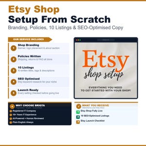 Peut inclure: Une infographie intitulée Etsy Shop Setup From Scratch détaillant des services incluant la création de marque, les politiques, 10 fiches produits, l'optimisation SEO et la préparation au lancement. Elle liste les avantages et les éléments reçus.