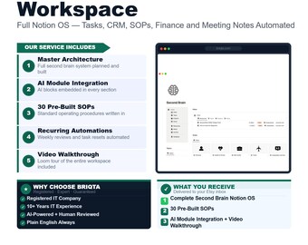 Second Brain Notion Workspace, Notion OS Setup, Tasks CRM SOPs Finance Meeting Notes, Custom Notion Dashboard, Productivity System